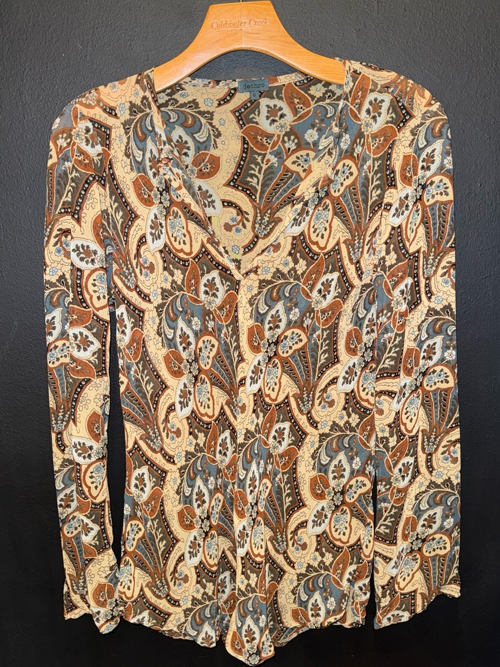 Jethro Paisley Long-Sleeve Blouse in Brown & Blue - Picture 2 of 3